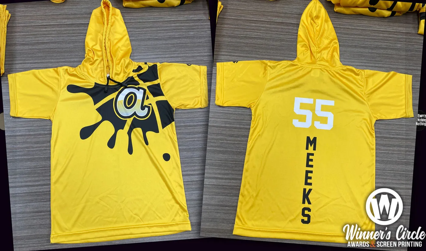 Front and back of a yellow custom hooded team shirt