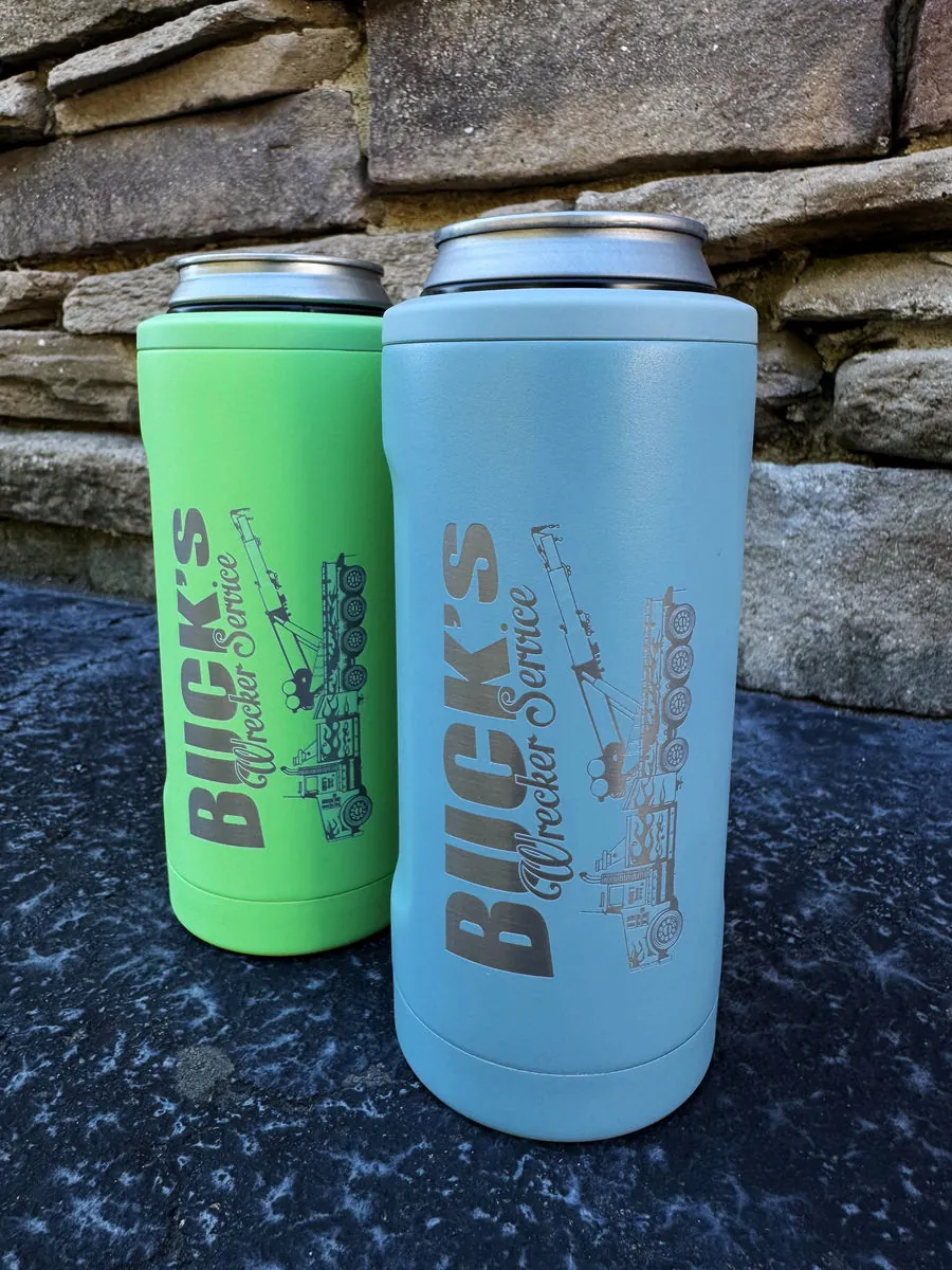 Two engraved can coolers branded for a local wrecker service