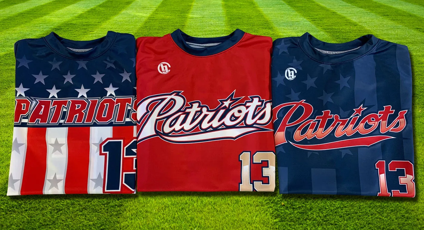 Three custom Patriots baseball jerseys in stars-and-stripes sublimation