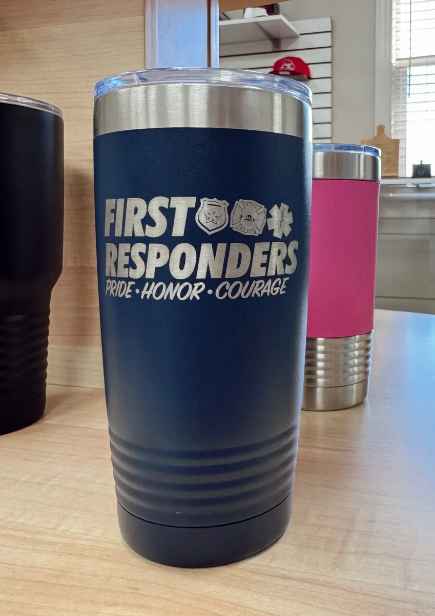 Navy engraved tumbler reading First Responders Pride Honor Courage