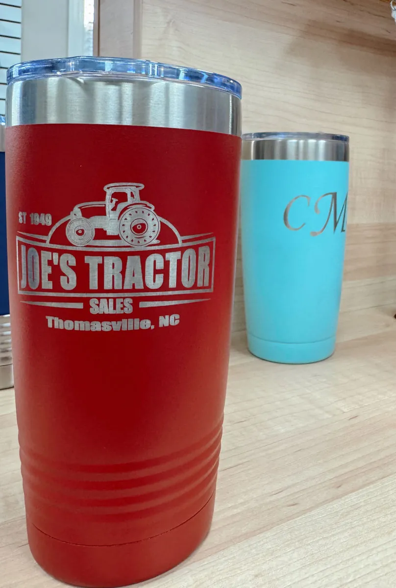 Laser-engraved tumblers for a local tractor dealership